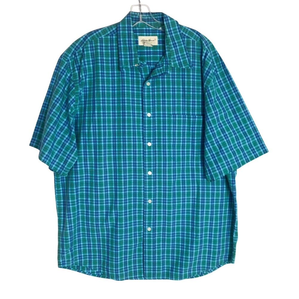 Eddie Bauer Shirt Mens Size L/G Blue‎ Green Plaid Button Down Cotton 100% Cotton